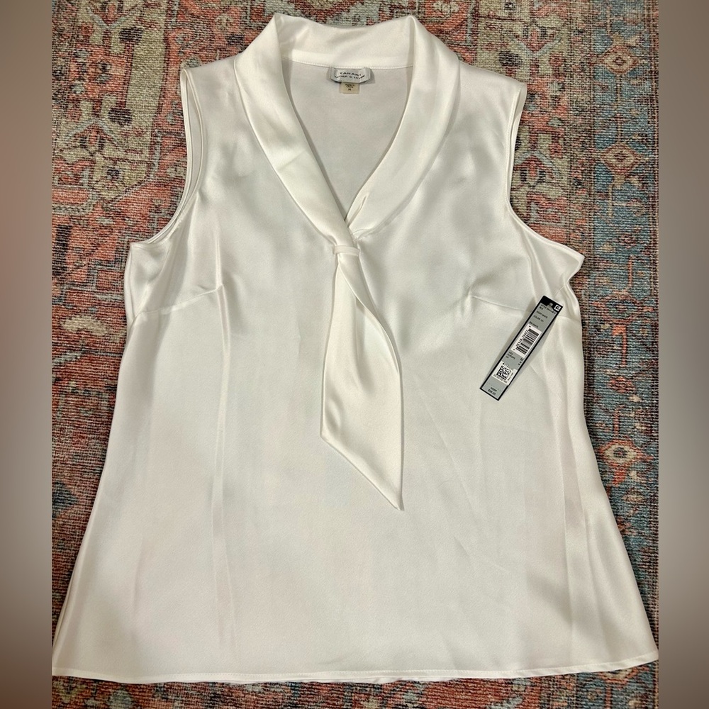 Tahari ASL White Sleeveless Tie Neck Blouse BRAND NEW with tags